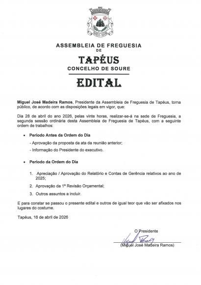 Segunda Sess&atilde;o Ordin&aacute;ria da Assembleia de Freguesia